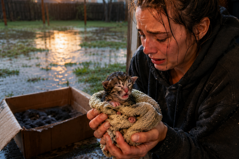 I FOUND FIVE NEWBORN KITTENS SCREAMING IN MY BACKYARD DURING A STORM. THEIR MAMA HAD DISAPPEARED, AND THE SPOT WHERE SHE LEFT THEM WAS FLOODING FAST. BY MORNING, SHE HAD TAKEN FOUR OF THEM… BUT LEFT ONE TINY BABY BEHIND.