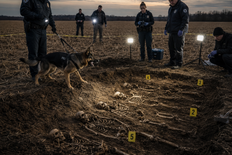 The police dog barked loudly in the recently harvested rice field — Later, the officers unearthed twenty skeletons.