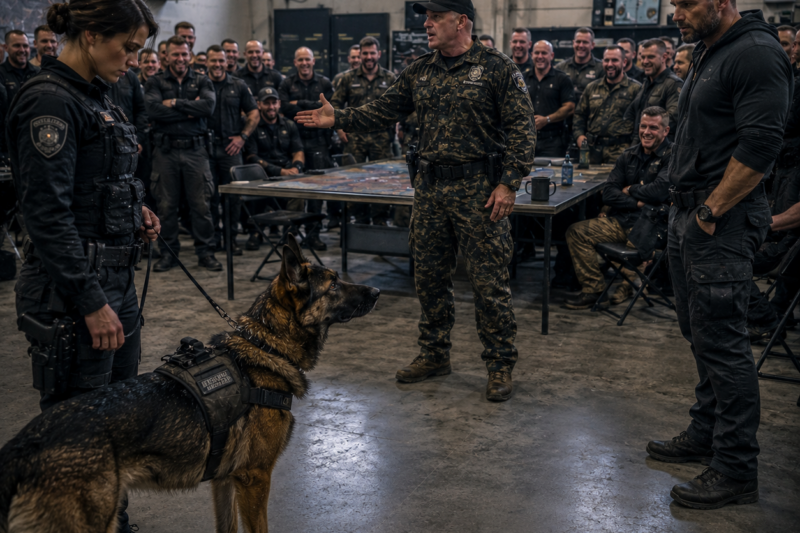 THE OFFICER TOLD HER TO GET OUT BECAUSE THE ROOM WAS “FOR REAL OPERATORS.” FORTY MEN LAUGHED WHILE SHE LOWERED HER EYES AND STEPPED BACK WITH HER K9 AT HER SIDE.
