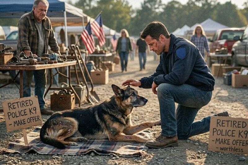 The German Shepherd could barely lift his head, his body scarred and shaking, but when Blake knelt beside him, the dog pressed one trembling paw against his boot like he had been waiting for one honest man.