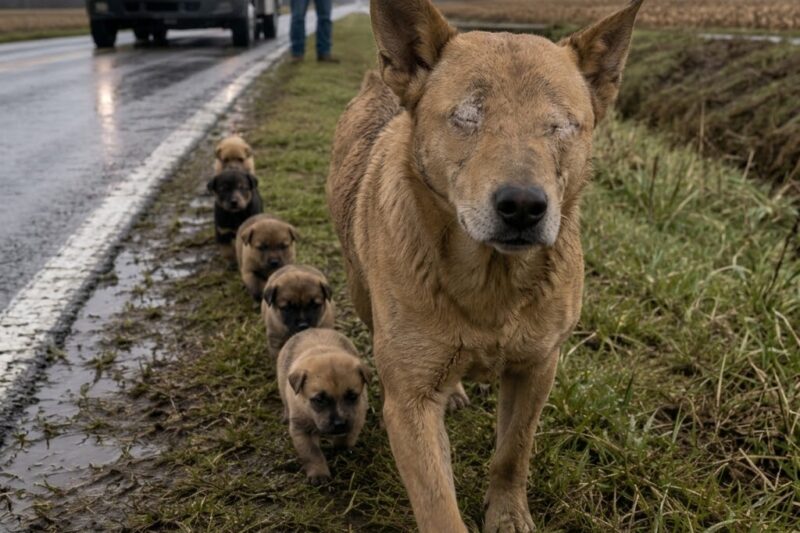 SHE COULDN’T SEE THE ROAD.  SHE COULDN’T SEE HER PUPPIES.  BUT FIVE TINY LIVES STILL FOLLOWED HER THROUGH THE RAIN.