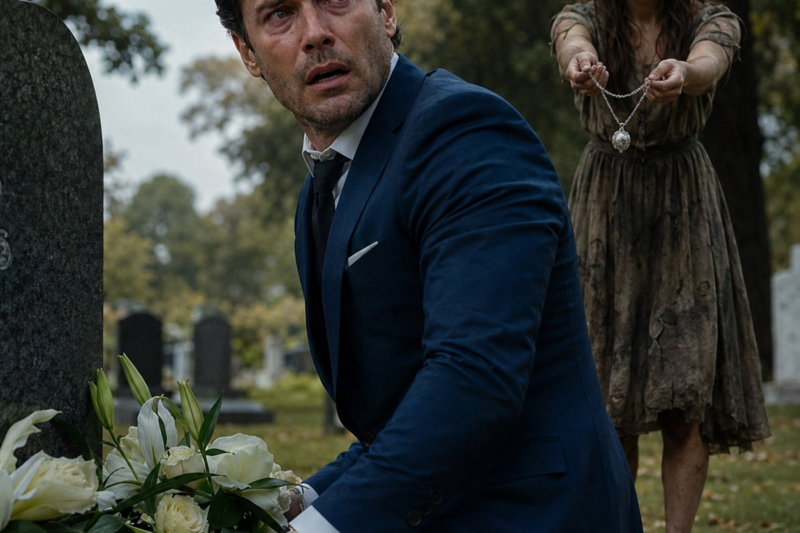 THE BILLIONAIRE HAD KNELT AT HIS WIFE’S GRAVE EVERY MONTH FOR TWO YEARS, BELIEVING LOVE HAD BEEN BURIED UNDER THAT STONE. THEN A BAREFOOT GIRL IN TORN CLOTHES STEPPED OUT FROM BEHIND THE TREES AND TOLD HIM HIS WIFE HAD FAKED HER D3ATH. BUT WHEN SHE OPENED HER HAND AND SHOWED HIM THE SILVER NECKLACE FROM THE COFFIN, ADRIAN VALE STOPPED BREATHING.