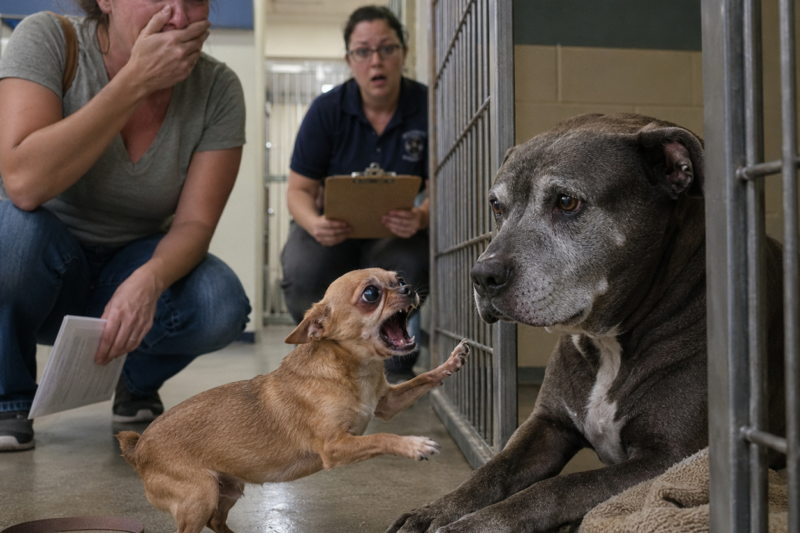 THE SHELTER SAID I COULD TAKE THE TINY CHIHUAHUA HOME THAT SAME DAY.  BUT THE OLD PIT BULL HAD TO STAY BEHIND BECAUSE HE WAS TOO BIG, TOO OLD, AND TOO HARD TO ADOPT.  THEN THE LITTLE DOG REALIZED THEY WERE ABOUT TO SEPARATE THEM… AND HER SCREAM CHANGED EVERYTHING.