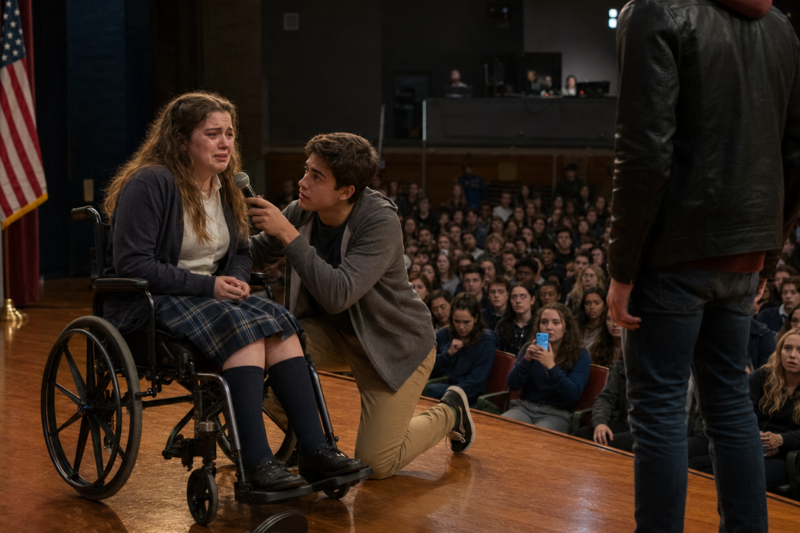 THE GIRL IN THE WHEELCHAIR HAD PRACTICED HER SPEECH FOR WEEKS, BUT THE BULLY TRIED TO STEAL HER VOICE IN FRONT OF THE WHOLE SCHOOL. HE PUSHED HER AWAY FROM THE MICROPHONE SO HARD THE STAGE SHOOK WITH THE CRASH. BUT WHEN A POOR BOY RAN OUT FROM BACKSTAGE AND SAID, “I’M HER VOICE,” THE LAUGHTER IN THE AUDITORIUM DIED AT ONCE.