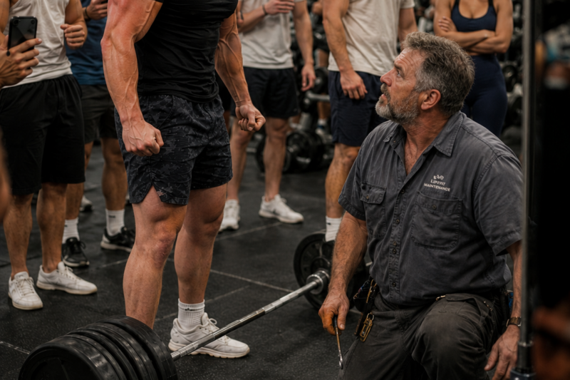 JAKE WANTED THE WHOLE GYM TO WATCH HIM LIFT THE IMPOSSIBLE WEIGHT.  INSTEAD, HE FAILED SO BADLY THAT EVEN HIS FRIENDS STOPPED RECORDING.  THEN THE QUIET MAINTENANCE MAN ON THE FLOOR SAID ONE SENTENCE THAT MADE EVERYONE TURN AROUND.