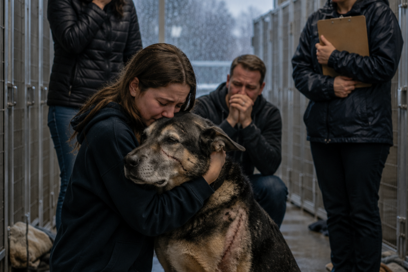AVA HAD NEVER HUGGED ANYONE.  THEN SHE SAW THE SCARRED OLD DOG IN THE LAST KENNEL.  AND BEFORE I COULD SPEAK, MY DAUGHTER WALKED STRAIGHT TOWARD HIM.