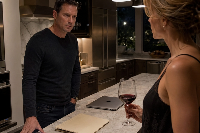 I LOOKED ACROSS THE KITCHEN ISLAND AT HER WINE GLASS, HER NEW PERFUME, AND THE LIE SHE STILL THOUGHT I BELIEVED.