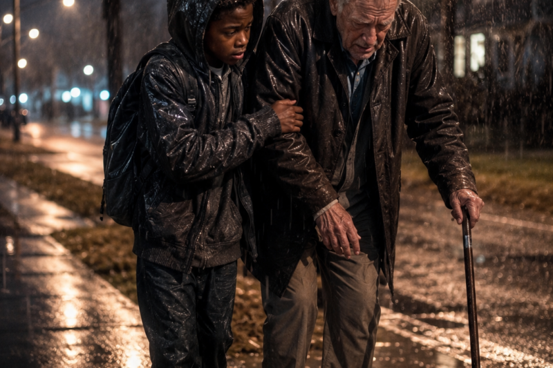 A POOR BLACK BOY ESCORTED AN OLD MAN HOME THROUGH THE STORM… HOURS LATER, HIS NEIGHBORS WOKE UP TO A SHOCKING SIGHT