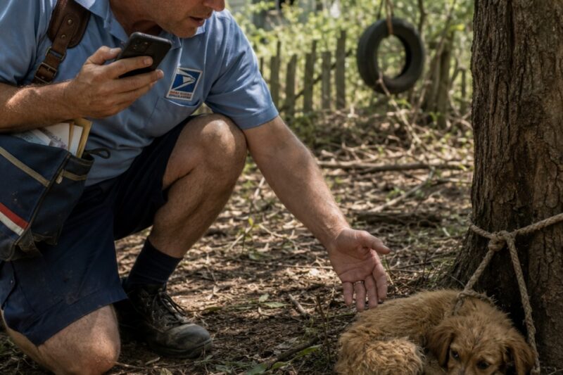 PUPPY WAS TIED TO A TREE FOR DAYS — THEN A MAILMAN NOTICED SOMETHING