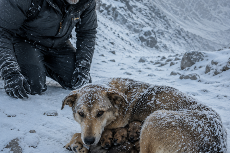 AT 2,800 METERS, A LONELY HIKER FOUND A MOTHER DOG FROZEN AROUND THREE NEWBORN PUPPIES — BUT HE DIDN’T KNOW THE SCRATCHED COLLAR ON HER NECK WAS HIDING A SECRET THAT WOULD BREAK OPEN TWO WIDOWED HEARTS BEFORE SUNRISE IN THE MOUNTAINS