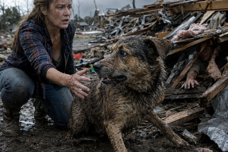 Then the debris pile moved. At first, I thought it was a sheet of insulation lifting in the wind. Then a muddy golden head pushed through a gap between twisted siding and broken boards. A dog climbed out slowly, one paw dragging, fur packed with Oklahoma red dirt, his ears flattened from fear and weather.