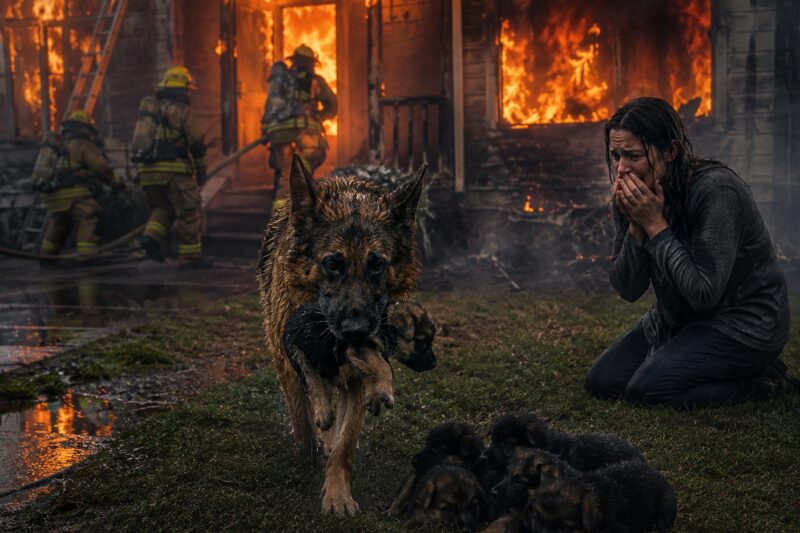 THE GERMAN SHEPHERD HAD ALREADY SAVED FIVE OF HER PUPPIES FROM THE BURNING HOUSE.  THEN SHE TURNED BACK TOWARD THE FLAMES ONE MORE TIME.