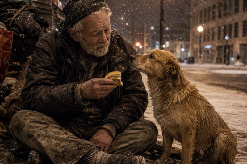 HE GAVE AWAY HALF HIS LAST MEAL.  THE DOG NEVER FORGOT.  THREE WEEKS LATER, THAT LOVE DRAGGED HIM THROUGH THE SNOW.