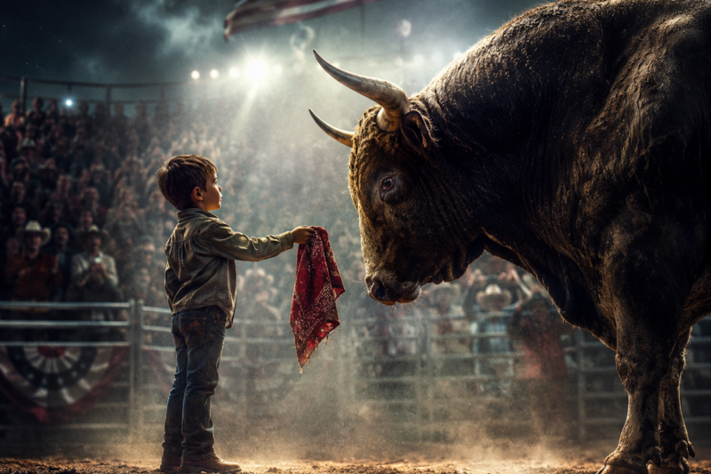 THE BOY WALKED INTO THE RODEO ARENA WITH HIS DEAD FATHER’S BANDANA — AND THE BULL EVERYONE FEARED REMEMBERED HIM  The crowd screamed when the little boy climbed into the rodeo arena alone. The bull turned toward him, two thousand pounds of muscle and fury, close enough to end his life in seconds. But the boy did not run—he held up a dusty red bandana and whispered, “My dad said you’d know this.”