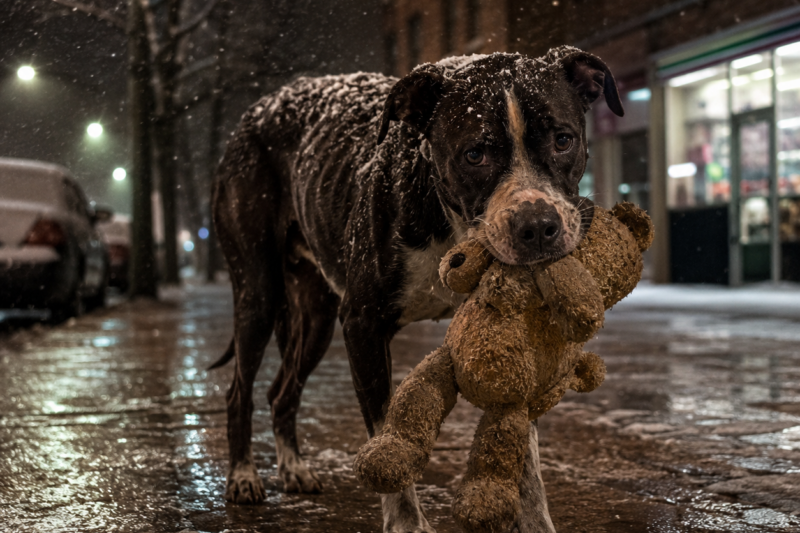 HE WALKED THROUGH DETROIT WINTER WITH A FADED TEDDY BEAR IN HIS MOUTH.  EVERYONE SAW HIM, BUT NO ONE COULD GET CLOSE ENOUGH TO SAVE HIM.  AND THE NIGHT THE FIRST SNOW FELL, I REALIZED THAT TOY WASN’T JUST A TOY… IT WAS THE ONLY FAMILY HE HAD LEFT.