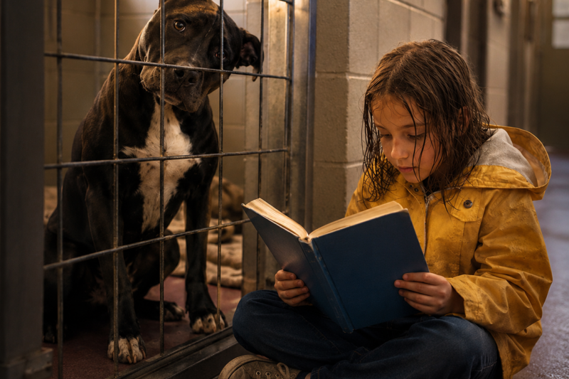 A NINE-YEAR-OLD GIRL WALKED INTO OUR SHELTER IN THE RAIN AND ASKED FOR THE DOG EVERYONE WAS AFRAID OF.  SHE HELD A BLUE BOOK TO HER CHEST AND SAID SHE WANTED TO READ TO HIM.  WHEN I TOLD HER HE WAS TOO DANGEROUS, SHE LOOKED ME IN THE EYE AND SAID, “THEN HE NEEDS A CALM VOICE THE MOST.”