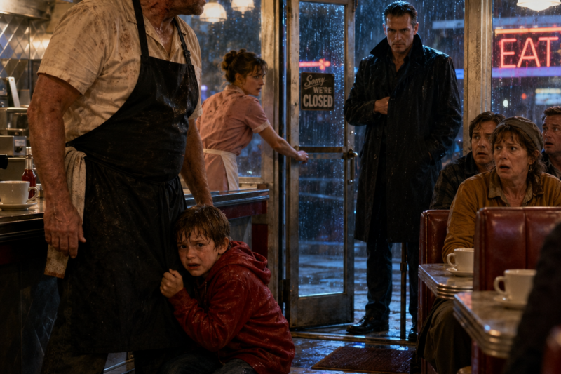 THE BOY CAME IN SOAKED, TERRIFIED, AND BEGGING THE ONLY MAN IN THE DINER WHO LOOKED DANGEROUS ENOUGH TO SAVE HIM. SECONDS LATER, THE MAN FOLLOWING HIM STEPPED THROUGH THE DOOR, SMILING LIKE HE ALREADY KNEW NO ONE WOULD DARE TO INTERFERE. THEN THE CHILD WHISPERED, “HE’S NOT MY DAD,” AND THE WHOLE DINER FORGOT HOW TO BREATHE.