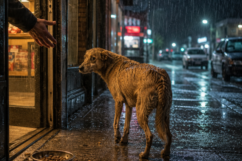 THE STRAY MOTHER DOG STOOD IN THE RAIN OUTSIDE MY SHOP, SHIVERING SO HARD HER WHOLE BODY LOOKED LIKE IT MIGHT BREAK.