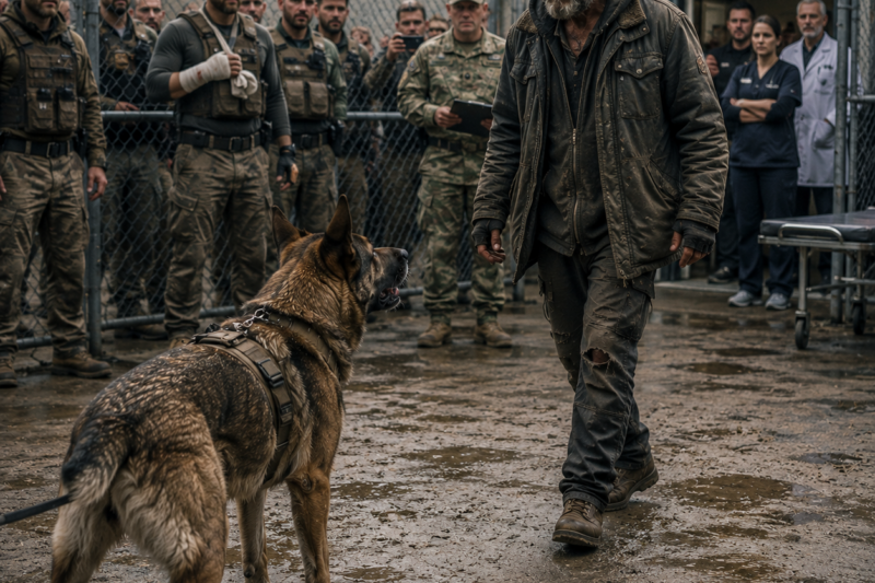THE MILITARY K9 HAD ALREADY SENT THREE TRAINED HANDLERS TO THE MEDICAL WARD. THE CROWD WAS TOLD THIS WAS HIS FINAL EVALUATION, AND IF HE FAILED, HE WOULD NOT SEE ANOTHER SUNSET. THEN A HOMELESS VETERAN IN A TORN JACKET STEPPED OVER THE FENCE AND WALKED STRAIGHT TOWARD HIM.