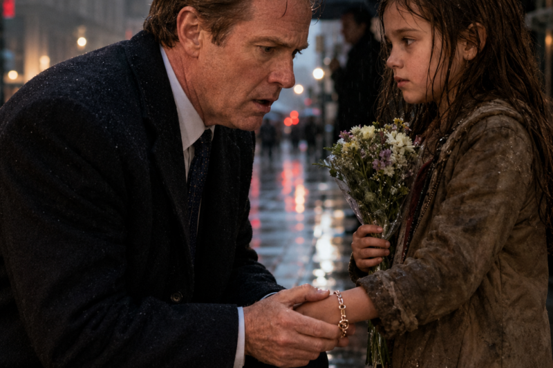 THE GIRL SOLD FLOWERS IN THE RAIN, BUT HER BRACELET HELD A SECRET. HE WAS ABOUT TO WALK AWAY—UNTIL HE SAW WHAT WAS ON HER WRIST. ONE NAME TURNED A STRANGER INTO THE MAN HER MOTHER HAD BEEN HIDING FROM.