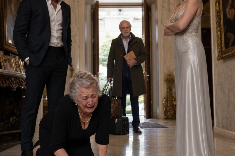 THE 78-YEAR-OLD WOMAN WAS SCRUBBING HER OWN MARBLE FLOOR ON HER KNEES WHILE HER SON STOOD THERE AND SAID NOTHING. THE GLAMOROUS FIANCÉE THREW A DIRTY TOWEL AT HER AND CALLED IT “LEARNING HER PLACE.” BUT WHEN THE FRONT DOOR OPENED, THE MAN WHO WALKED IN CARRIED AN ENVELOPE THAT COULD CHANGE WHO OWNED EVERYTHING.
