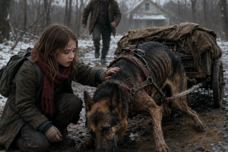 A Starving German Shepherd Dragged a Cart Through the Cold—But What the Silent Little Girl Found Inside Changed Everything