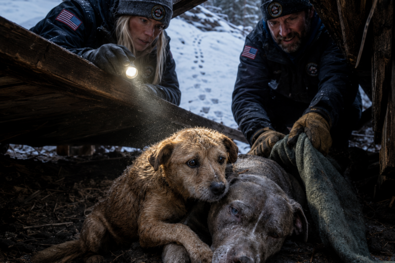 THE OLD PIT BULL WAS TOO WEAK TO STAND.  THE SMALLER DOG WAS BLEEDING FROM BOTH PAWS.  BUT SHE STILL REFUSED TO LET THE RESCUERS TAKE HER FIRST.