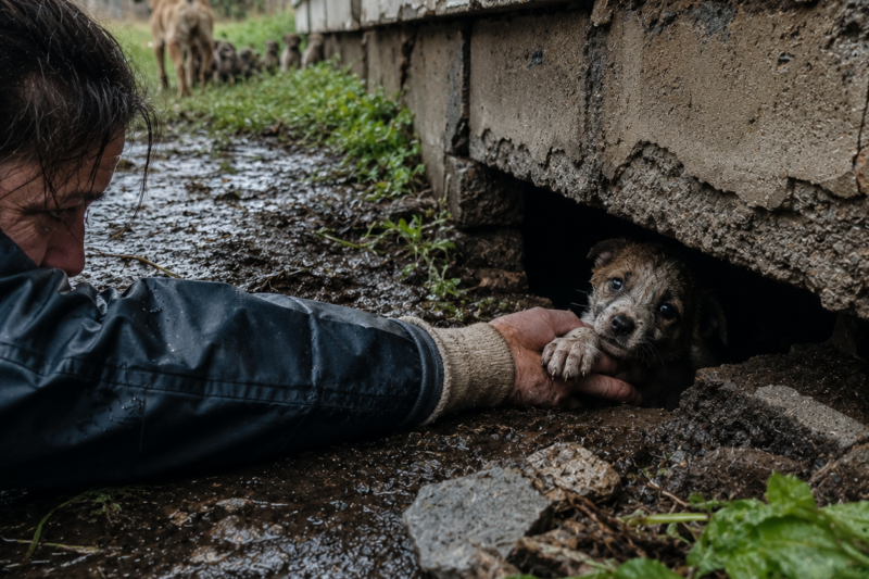 A TINY PUPPY WAS TRAPPED IN A NARROW GAP UNDER THE BUILDING, CRYING SO WEAKLY THAT WE ALMOST COULD NOT TELL WHERE THE SOUND WAS COMING FROM.