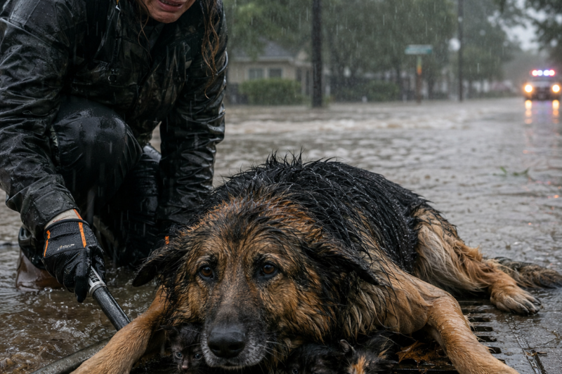 THE STORM HAD ALREADY TURNED THE STREETS INTO RIVERS.  A MASSIVE GERMAN SHEPHERD WAS LYING ACROSS A DRAIN, COMPLETELY STILL.  BUT SOMETHING MOVED UNDER HIM.