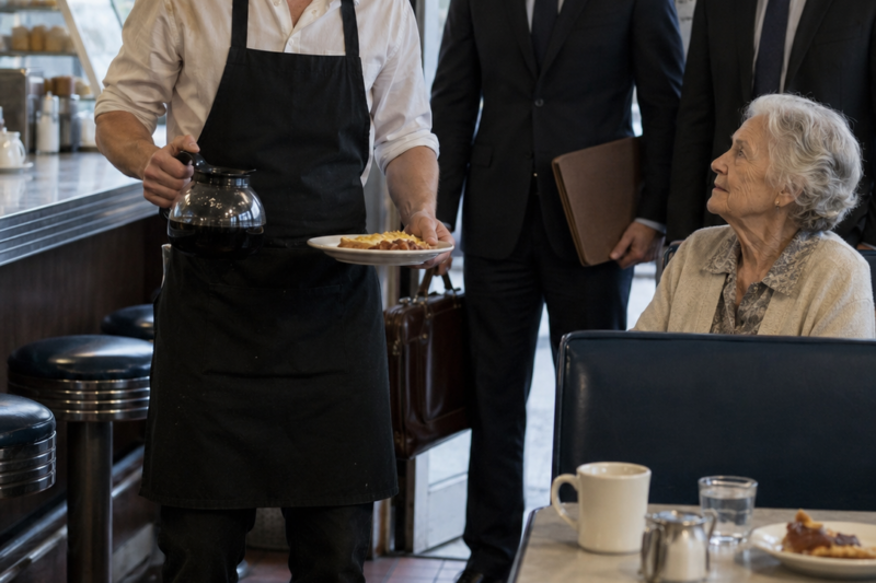 Poor Waiter Helps a Quiet Old Woman Every Morning, Until One Day, Her Lawyers Arrive to Find Him