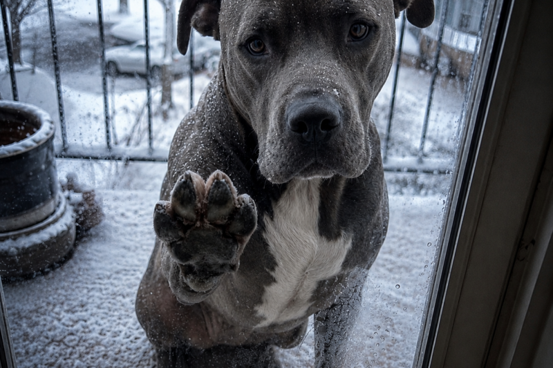 THE ABANDONED PIT BULL SAT AT MY GLASS DOOR EVERY MORNING — THEN ONE SNOWY DAY, I FINALLY OPENED IT