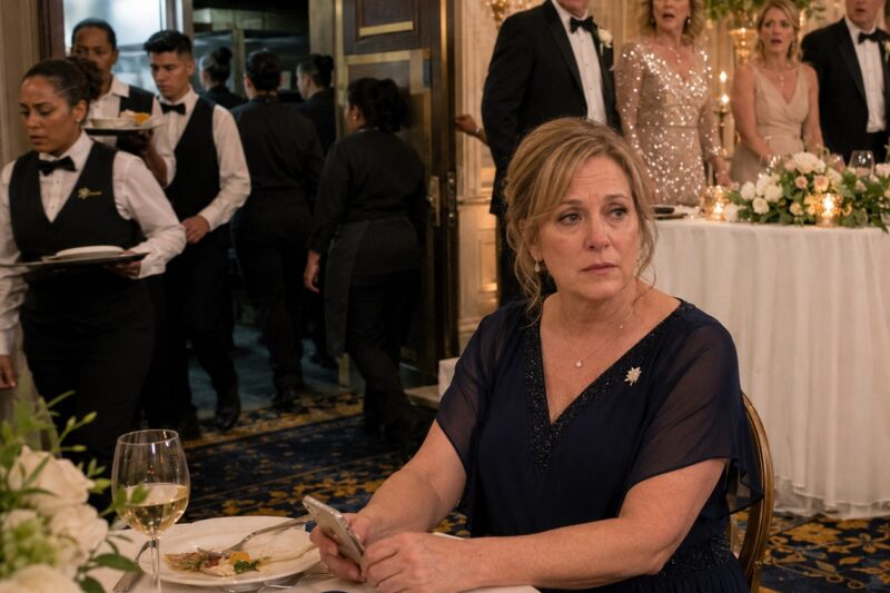 Her eyes darted toward the elevators, then across the marble lobby, and her voice dropped.  “Mom, James’s family made some changes to the seating arrangement.”