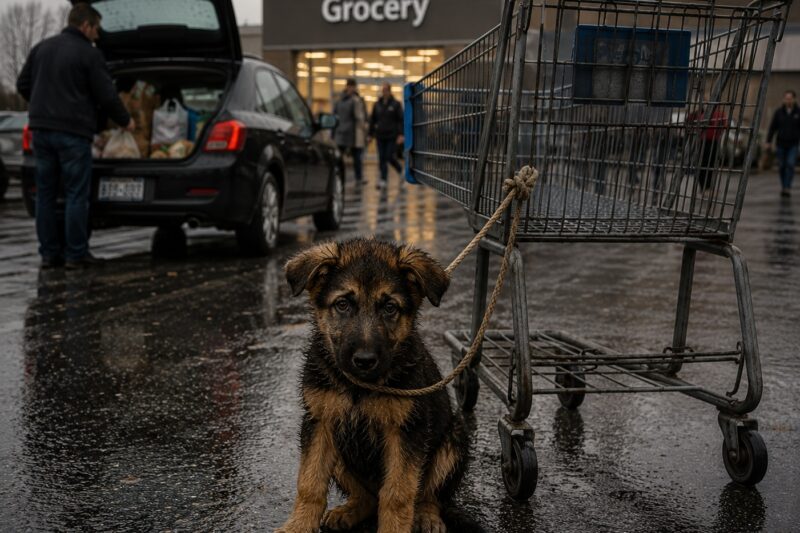 Inside the cart, beside a bag of dog food and a case of bottled water, sat a small German Shepherd puppy.