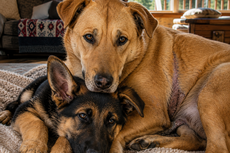 I FOUND HER STANDING ON A BROKEN RAFT IN THE FLOODWATER.  THE GERMAN SHEPHERD PUPPY UNDER HER CHEST WASN’T HERS.  BUT THAT SOAKED, STARVING DOG GUARDED HER LIKE LOSING ONE MORE LIFE WOULD FINISH HER.