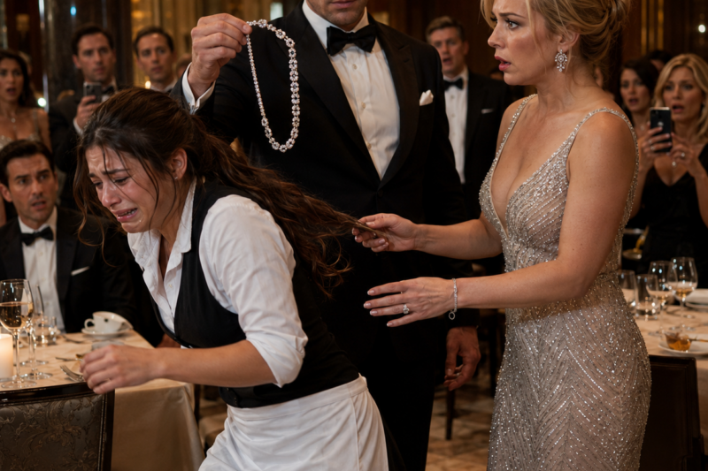 SHE THOUGHT SHE WAS ABOUT TO SERVE DESSERT—INSTEAD, A WOMAN IN SILVER GRABBED HER BY THE HAIR IN FRONT OF THE ENTIRE ROOM. THE RESTAURANT FELL SILENT AS THE ACCUSATION OF THEFT ECHOED ACROSS CRYSTAL GLASSES, CANDLELIGHT, AND WATCHING STRANGERS. BUT WHEN THE MAIN DOORS OPENED AND A BILLIONAIRE WALKED IN HOLDING THE MISSING DIAMOND NECKLACE, THE REAL SHAME SHIFTED TO THE WRONG PERSON