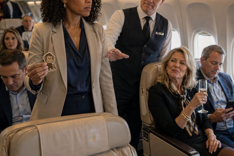 The monkey sticker was already stuck to my first-class headrest before I ever sat down.
