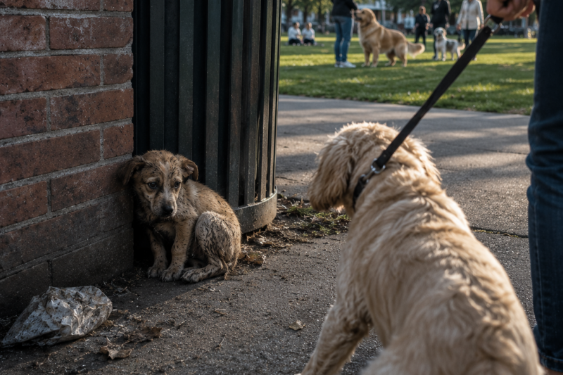 THE LITTLE STRAY DOG HID BESIDE THE TRASH CAN, WATCHING OTHER DOGS PLAY WITH THEIR OWNERS LIKE HE ALREADY KNEW NO ONE WAS COMING FOR HIM.