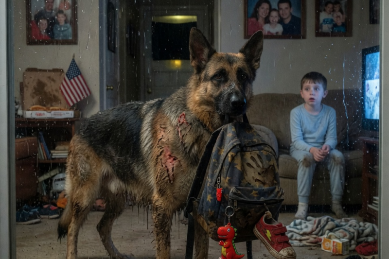 THE DOG CAME BACK WITH A CHILD’S BACKPACK IN HIS MOUTH.