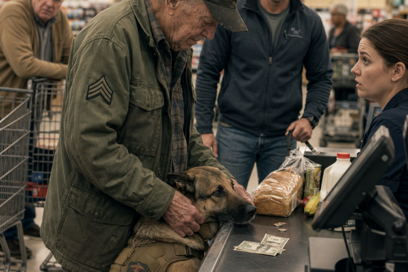 THE OLD VETERAN WAS SHORT $3.86 FOR BREAD, AND EVERYONE IN LINE PRETENDED NOT TO SEE HIS HANDS SHAKING. SOMEONE BEHIND HIM MUTTERED, “PUT SOMETHING BACK,” LIKE HUNGER WAS AN INCONVENIENCE.