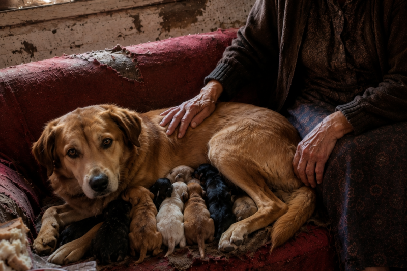 THE STARVING DOG KEPT TAKING HER PUPPIES AWAY — UNTIL I FOLLOWED HER AND HEARD A WOMAN SINGING INSIDE THE CABIN