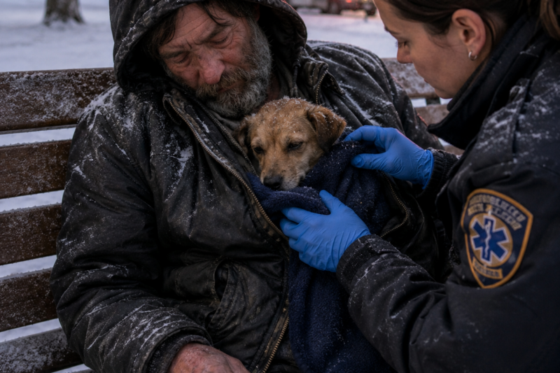 A HOMELESS MAN WAS FOUND FROZEN ON A PARK BENCH — BUT UNDER HIS JACKET, A LITTLE DOG WAS STILL ALIVE