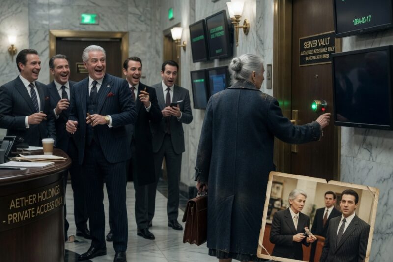 THE RICHEST MEN IN THE BUILDING LAUGHED AT THE OLD WOMAN IN THE WORN COAT—UNTIL ONE GREEN LIGHT TURNED THEIR SMILES INTO FEAR. SHE WALKED THROUGH THE MARBLE HALLWAY LIKE SOMEONE WHO HAD NOTHING LEFT TO PROVE, THEN OPENED A DOOR NO OUTSIDER WAS SUPPOSED TO TOUCH. BUT WHEN THE MONITORS WENT DARK AND A THIRTY-YEAR-OLD PHOTOGRAPH APPEARED IN HER HAND, ONE MAN REALIZED THE PAST HAD JUST WALKED BACK INTO THE BUILDING.