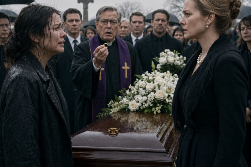 THE SOUND OF THE SL.AP ECHOED THROUGH THE CEMETERY BEFORE ANYONE UNDERSTOOD WHY THE POOR WOMAN HAD COME. SHE STOOD BESIDE THE FLOWER-COVERED COFFIN WITH TEARS ON HER FACE, WHILE THE ELEGANT WIDOW TREATED HER GRIEF LIKE A CRIME. BUT WHEN A GOLD RING HIT THE COFFIN LID, THE FUNERAL STOPPED BREATHING.