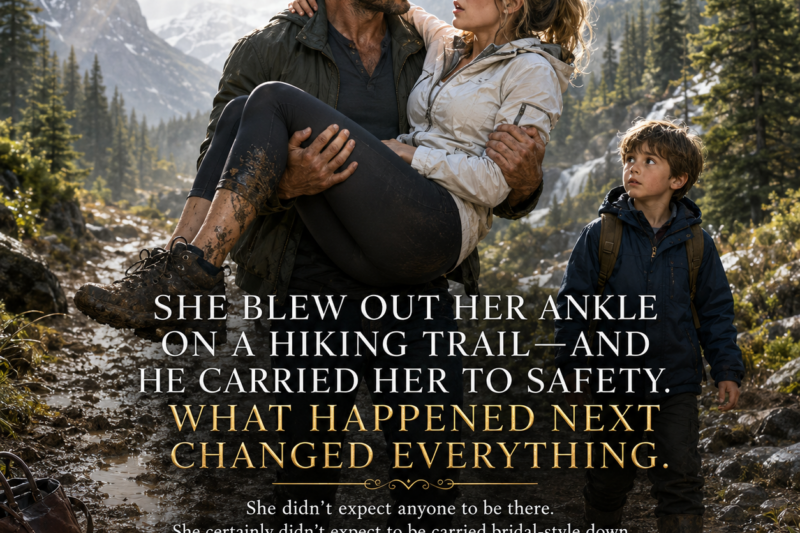 SHE BLEW OUT HER ANKLE ON A HIKING TRAIL—AND HE CARRIED HER TO SAFETY. WHAT HAPPENED NEXT CHANGED EVERYTHING.  She didn’t expect anyone to be there. She certainly didn’t expect to be carried bridal-style down a muddy Montana trail by a stranger while his six-year-old son watched, wide-eyed. And she definitely didn’t expect that man—rough, calm, completely unflappable—to look at her like she was just a person, not a CEO, not a headline.