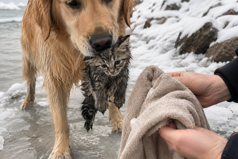 THE KITTEN WAS FROZEN TO THE ICY GROUND, TOO WEAK TO CRY LOUD ENOUGH FOR ANYONE TO HEAR.  THE DOG SAW HIM FIRST.  AND IF THAT DOG HAD WALKED AWAY, I NEVER WOULD HAVE KNOWN THERE WAS A TINY LIFE FIGHTING TO HOLD ON AT THE EDGE.