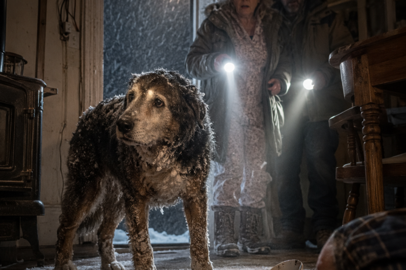 THE OLD DOG HAD NEVER LEFT THE FARM.  THEN HE WALKED INTO A BLIZZARD FOR THE MAN WHO SAVED HIM.  AND AT 2:11 A.M., HIS PAWS HIT A NEIGHBOR’S DOOR LIKE A FINAL WARNING.