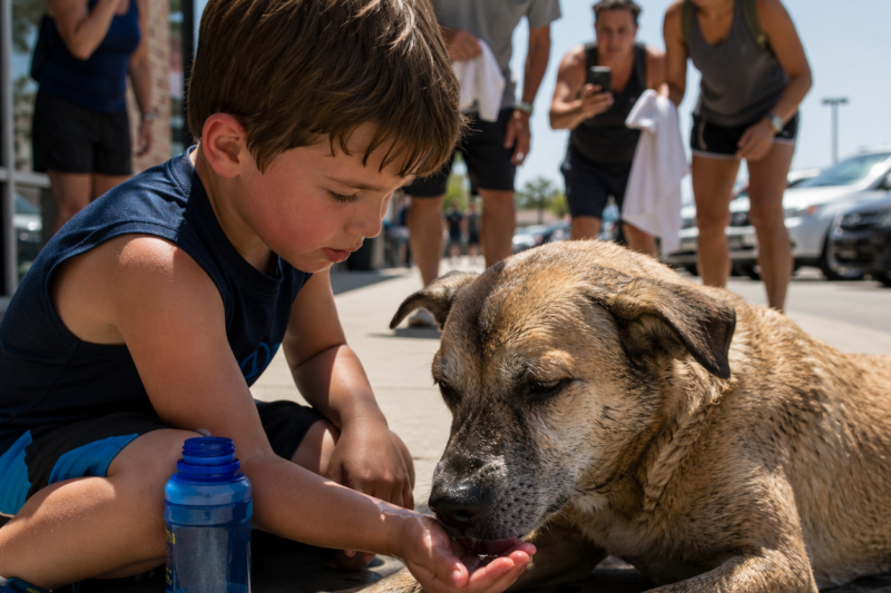 EVERYONE WALKED PAST THE TINY DOG TRAPPED ON THE SCORCHING ROAD LIKE HE WAS INVISIBLE, BUT THEY DIDN’T KNOW THAT ONE CHILD’S WATER BOTTLE WOULD REVEAL THE HEARTBREAKING REASON HE HADN’T MOVED FOR HOURS