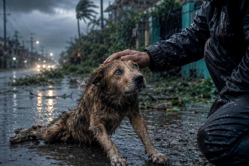HIS BACK LEGS WERE STIFF, HIS BODY WAS SOAKED, AND HIS EYES HELD THE KIND OF HOPE THAT MADE ME STOP EVEN THOUGH I WAS RUSHING HOME.