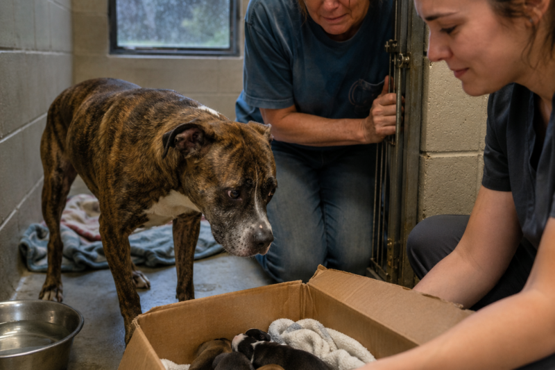 JUNE STOPPED LOOKING AT THE SHELTER DOOR AFTER LOSING EVERY ONE OF HER BABIES, AND EVERYONE FEARED HER HEART HAD GONE QUIET FOREVER — BUT THEY DIDN’T KNOW A CRYING CARDBOARD BOX WAS ABOUT TO ASK HER TO CHOOSE LIFE AGAIN