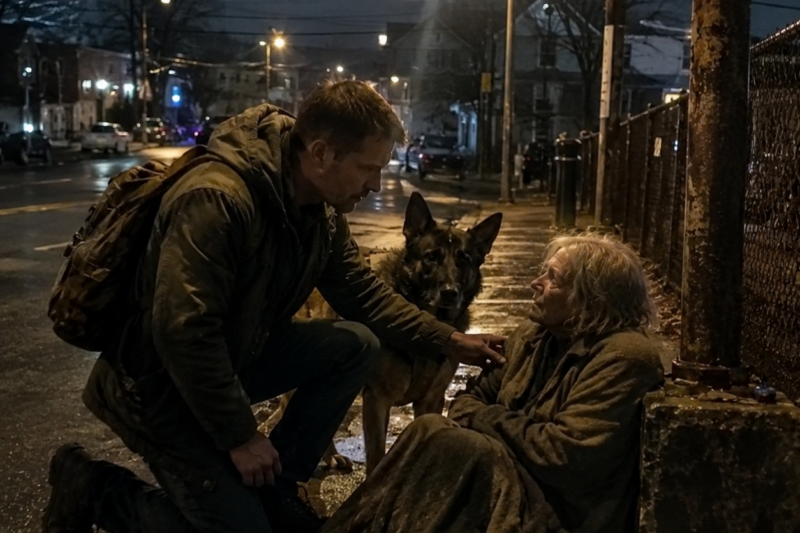 THE U.S. MARINE CAME HOME WITH HIS K9, THINKING HIS MOTHER WAS SAFE. BUT HIS DOG STOPPED IN THE STREET, GROWLED AT THE DARKNESS, AND LED HIM TO A WOMAN SHIVERING UNDER A BROKEN STREETLIGHT.